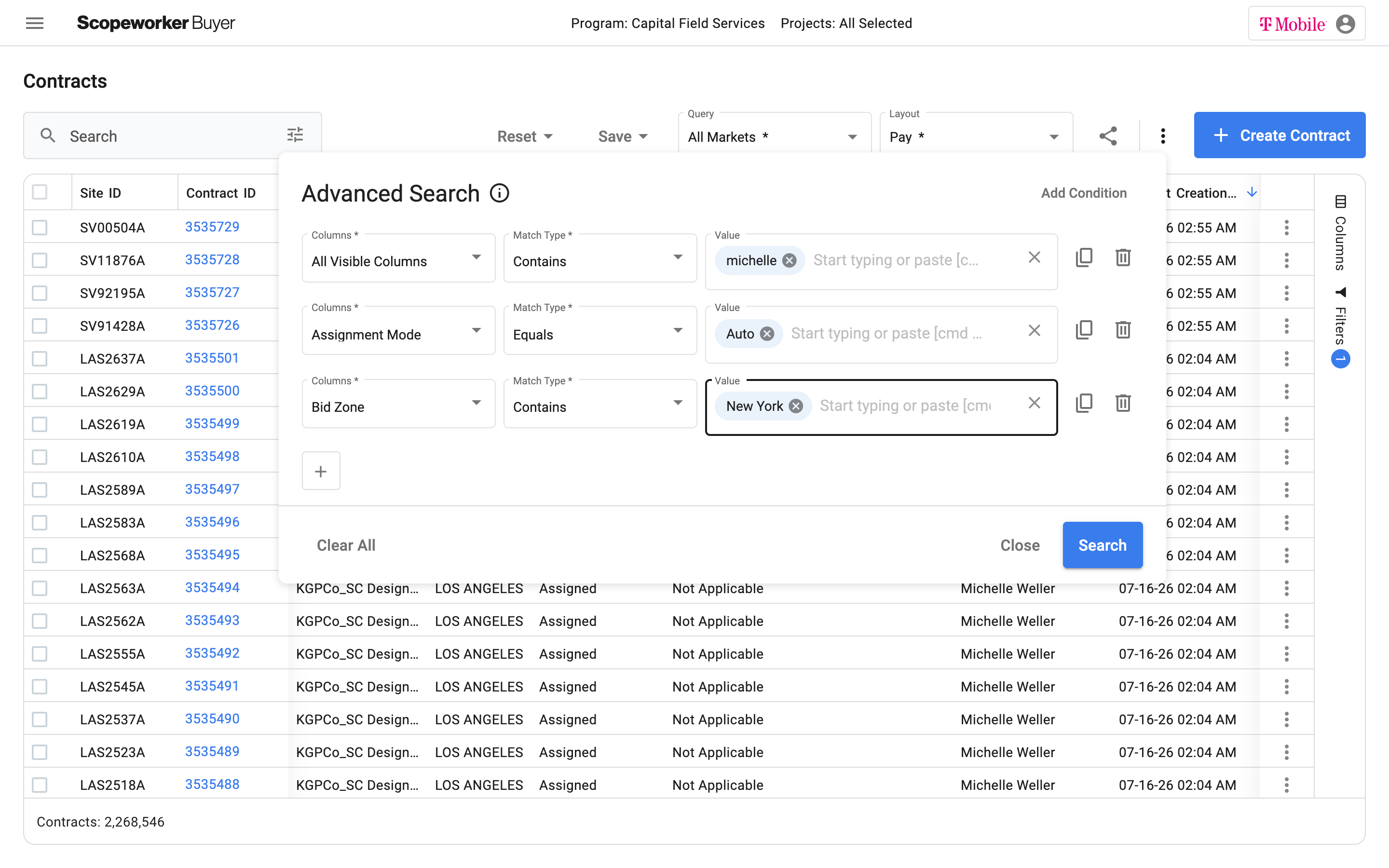 Advanced condition-based search inside the contract dashboard