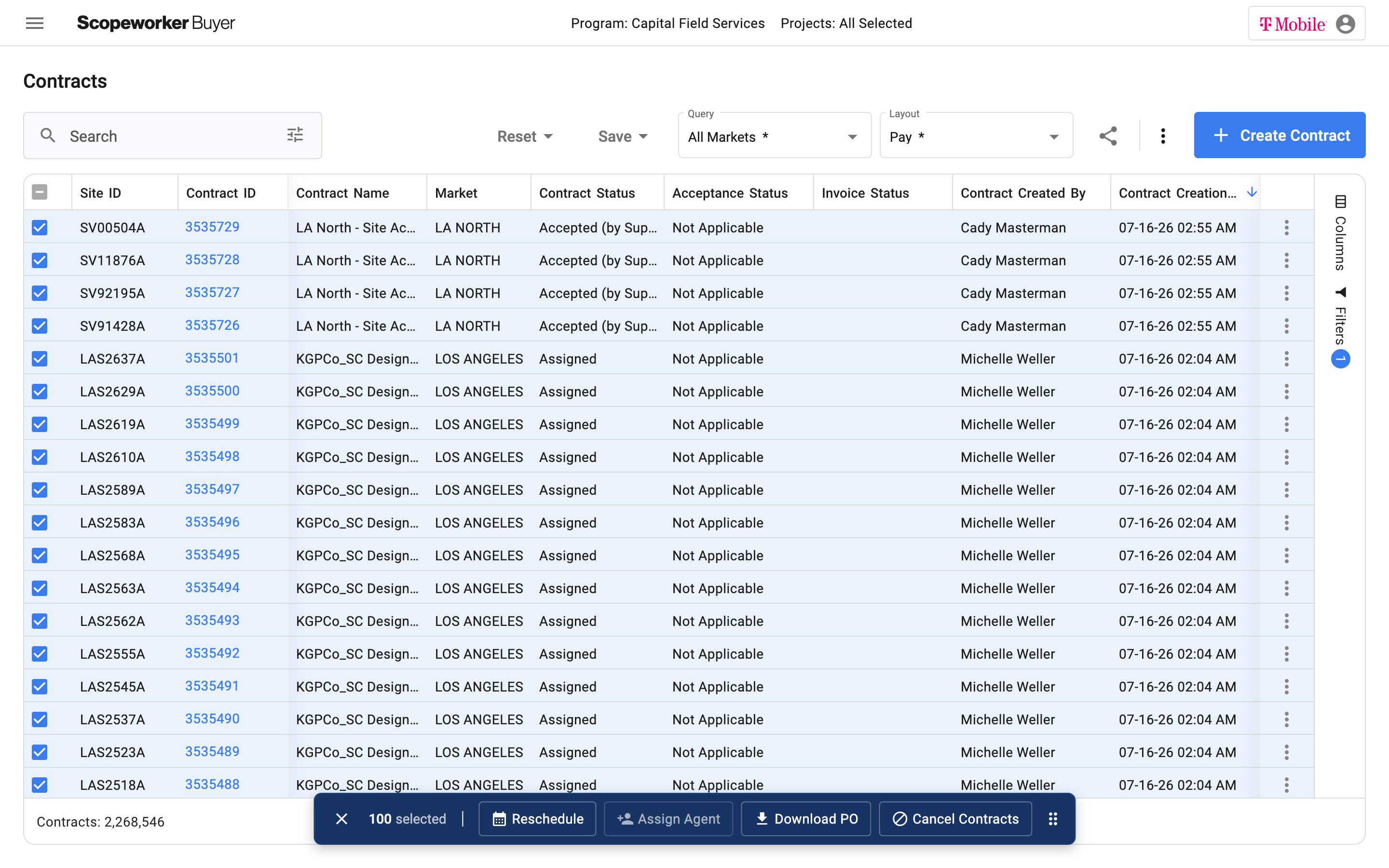 Bulk actions menu on the contract dashboard