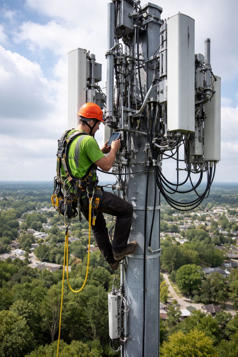 A harnessed technician on a cell tower checking a photo on a tablet before descending